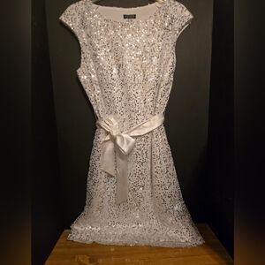 Sequin White Dress with Satin Belt